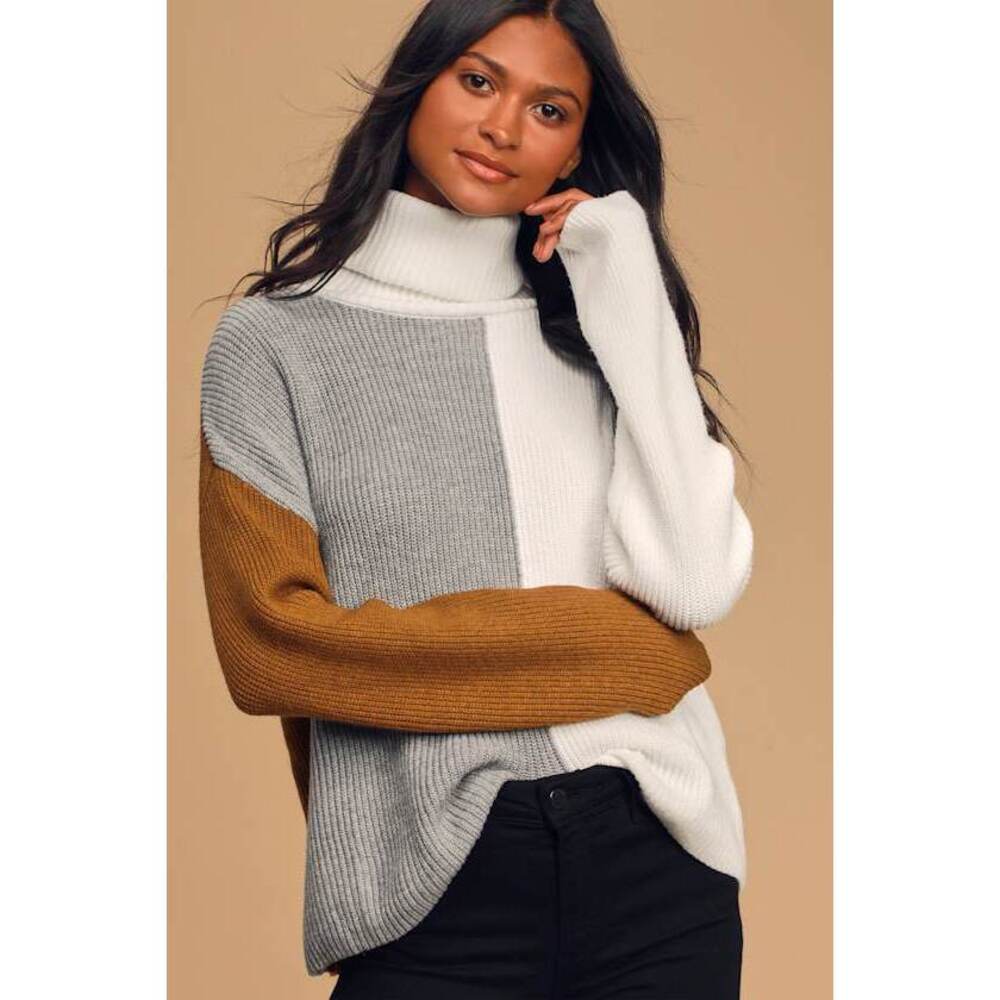 Lulus Cozy On Over White Multi Color Block Turtleneck Sweater - Size M